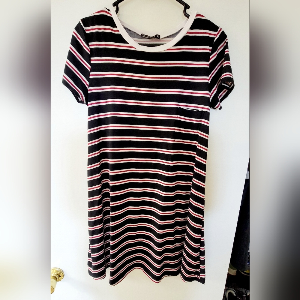 Navy, Red, White Stripped T-shirt Dress W/ Pocket on front. Size Lg.